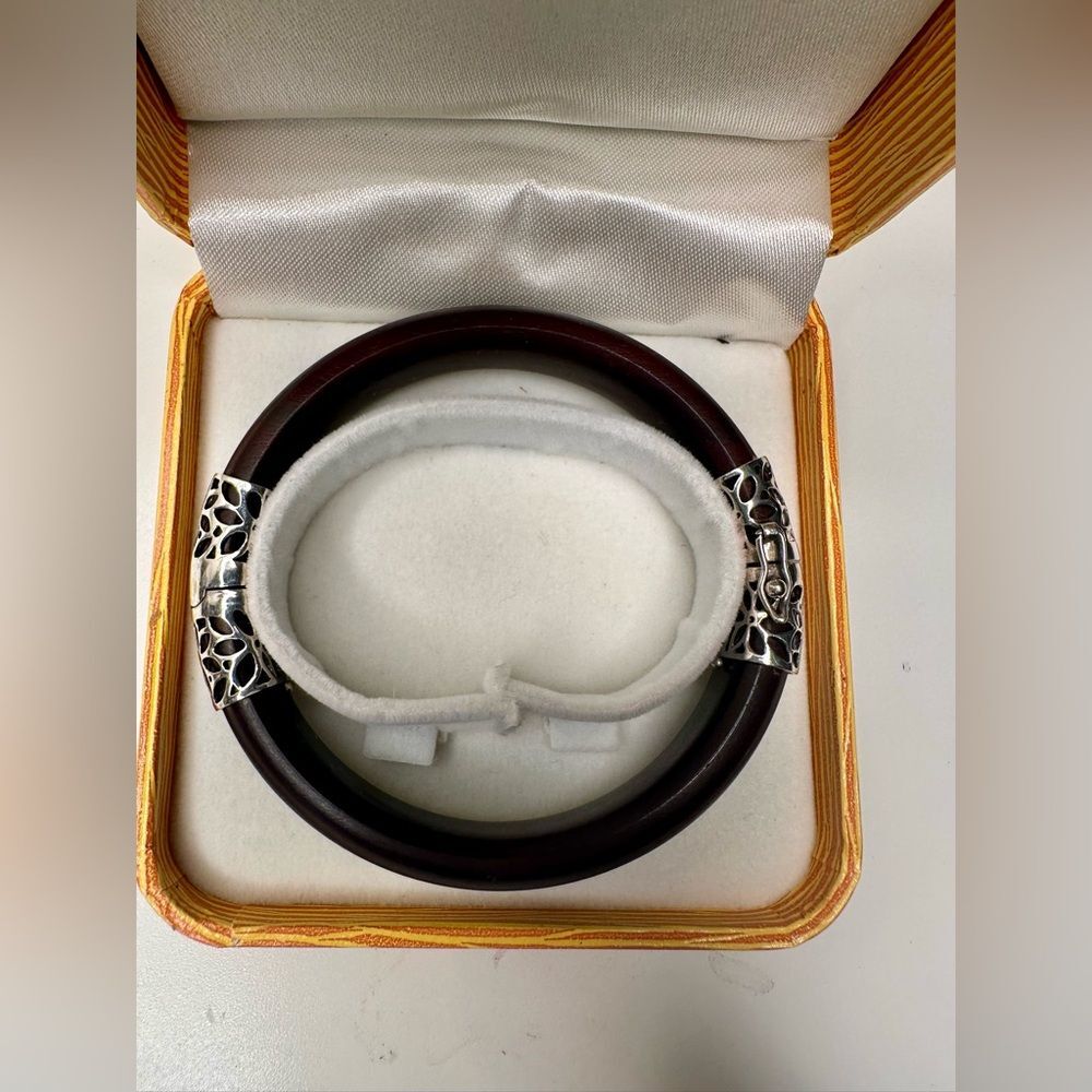 Vintage Sterling Silver & Wood Bangle Bracelet Artisan 925 Hinged Floral Clasp - Picture 3 of 12